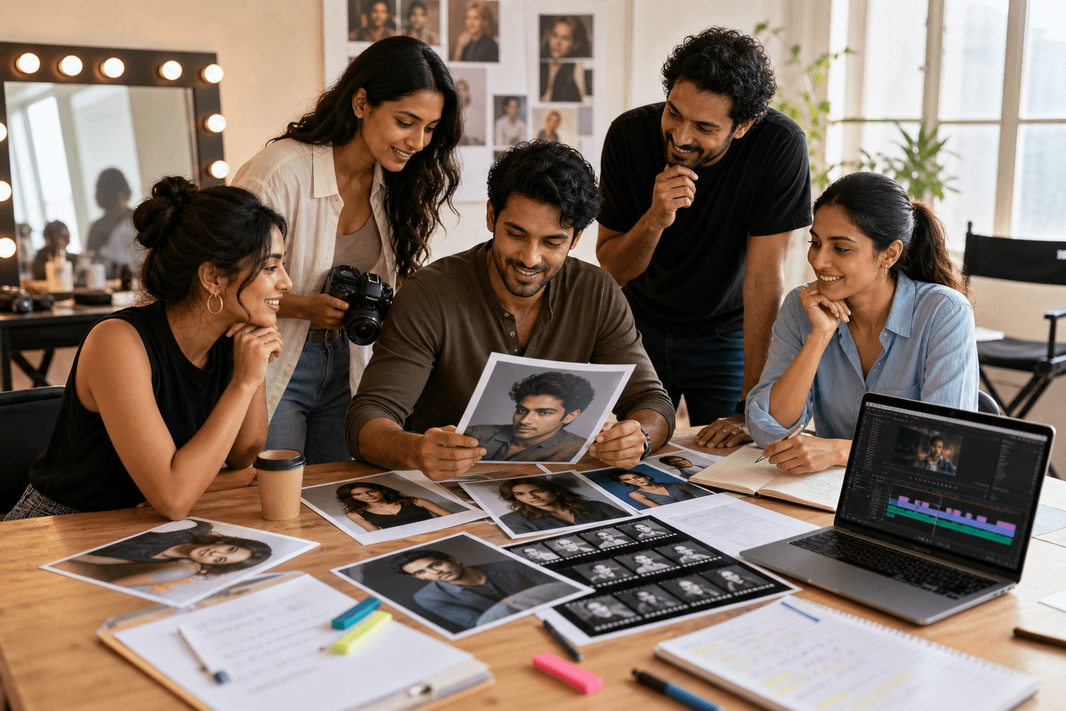 Actors reviewing headshots, role notes, and a showreel timeline in a bright studio