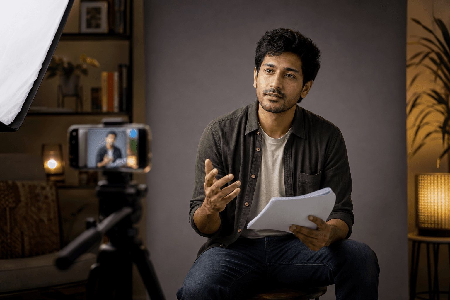 Actor recording a self-tape audition at home with a phone tripod and soft light